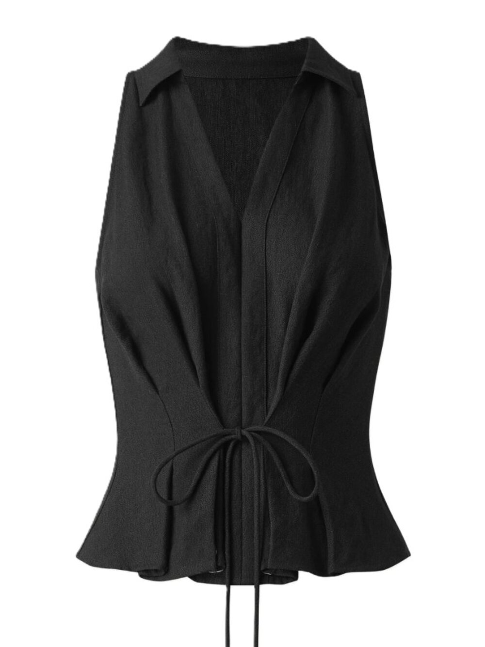 OGL Collared V-Neck Pleated Sleeveless Top with Drawstring